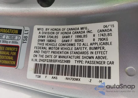 2015 Honda Civic Lx из США, поврежденный, VIN 2HGFG3B50FH523489